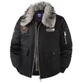 Men's heavy padded black bomber jacket with grey faux fur collar and tactical patches - S / Black