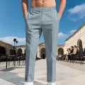 Front view of men's slim fit business casual pants in light blue with drawstring. - S / Bottoms / Light Blue