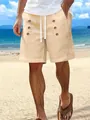Casual men's summer cotton linen beach shorts featuring decorative button details. - Khaki
