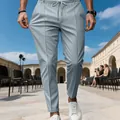 Détail du pantalon décontracté ajusté pour hommes avec taille élastique à cordon - Bleu clair