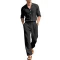 Completo casual da uomo in lino nero con camicia a maniche lunghe e pantaloni larghi - Nero
