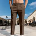 Men's brown business casual trousers featuring a drawstring waist and slim fit design - S / Bottoms / Brown