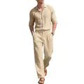 Completo uomo camicia e pantaloni in lino beige elegante per spiaggia e tempo libero estivo - Khaki chiaro