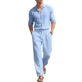 Completo casual da uomo in lino azzurro con camicia a maniche lunghe e pantaloni con coulisse - Azzurro