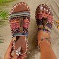 Bohemian flat sandals for women with colorful ethnic patterns and brown tassels. - 36 / Burgundy