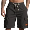 Detailansicht von Herren Cord-Cargoshorts mit Kordelzug und praktischen Taschendetails. - Schwarz
