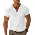 Dettaglio ravvicinato della maglietta bianca traspirante leggera con scollo a V Henley da uomo - Bianco