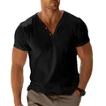 Dettaglio ravvicinato di una t-shirt nera da uomo con scollo a V e bottoni slim fit - Nero