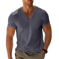Dettaglio ravvicinato della maglietta Henley grigia traspirante con scollo a V per uomo - Grigio