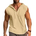 Detail view of a men's beige muscle fit sleeveless hooded tank top with drawstring - S / Tops / Yellow