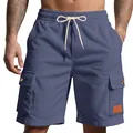 Detail einer blauen Herren-Cord-Cargohose mit Taschen und Kordelzug am Bund. - Marineblau