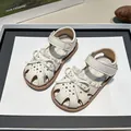 Girls cream closed-toe summer sandals with bow and soft non-slip sole - Size 22 Inner Length 14.7cm / 22-26 Wholesale Pack (5 Pairs) / Off White