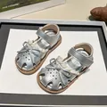 Elegant shiny silver girl's princess sandals with bow detail and soft non-slip soles - Size 22 (Inner 14.7cm) / Silver