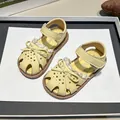 Yellow closed-toe summer sandals for toddler girls with bow and soft non-slip sole - Size 22 Inner Length 14.7cm / Yellow