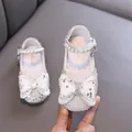 Elegant white sequined princess shoes for girls with large bow and pearl strap detail - 21 / Off White