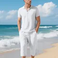 Men's white linen summer beach set featuring a short sleeve polo and cropped pants - S / Top And Bottom / White
