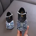 Elegant rhinestone-studded princess shoes for girls with pearl strap and bow decoration. - 21 / Black