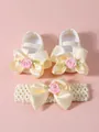 Zapatos de princesa crema para bebé y diadema de flores a juego para bautizo y fiestas - Beige Con Diadema