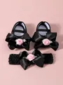 Elegantes zapatos de princesa negros para bebé y conjunto de diadema con lazo y rosas - Negro Y Diadema