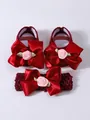 Detailed view of red satin princess baby shoes and matching headband with big bows and roses - Size 11 (Inner Length 10.5cm) / Wine Red + Headband