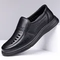 Men's breathable black leather hollow sandals with soft non-slip sole for summer wear - Black Hollow (9106-5)