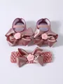 Elegantes zapatos de princesa rosa para bebé y conjunto de diadema con lazo rosa - Rosa Empolvado + Diadema