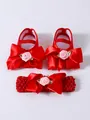 Detailed view of red baby princess shoes and matching floral bow headband for infant gift - Size 11 (Inner Length 10.5cm) / Red And Headband