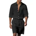 Heren zwarte linnen overhemd en short set zomerse casual strandkleding - S / Boven- En Onderstuk / Zwart