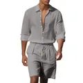 Detail van grijze linnen herenset met shirt met lange mouwen en casual strandshort. - S / Boven- En Onderstuk / Grijs