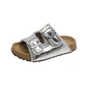 Girls' silver metallic Birkenstock-style slide sandal with grey faux fur trim and buckles - Size 26 Inner Length 15.8cm / Silver
