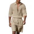 Heren beige linnen set met shirt met lange mouwen en korte broek met trekkoord voor de zomer - S / Boven- En Onderstuk / Licht kaki