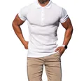 Detail view of white ribbed muscle fit polo shirt for men featuring a buttoned collar - M / Tops / White