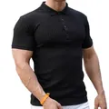 Close-up of black ribbed polo shirt for men showing muscular fit and lapel detail. - Black