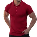 Detail of men's red ribbed polo shirt with short sleeves and buttoned collar in slim fit - M / Tops / Red
