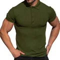 Close-up detail of olive green ribbed slim-fit men's fitness polo shirt. - Army Green