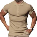 Close-up of men's slim fit ribbed knit polo shirt featuring a classic four-button placket. - Khaki