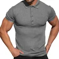 Detail view of men's grey ribbed slim fit polo shirt showing texture and muscular fit. - M / Tops / Light Gray