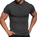 Detail view of charcoal ribbed polo shirt showing slim fit and muscle definition. - M / Tops / Dark Gray