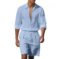 Men's light blue linen 2-piece set featuring long-sleeve shirt and drawstring shorts - Light Blue