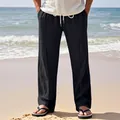 Detail showing the breathable linen texture and loose fit of black men's beach trousers - S / Bottom (CFT-7) / Black