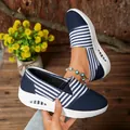 Comfortable navy blue and white striped canvas platform casual sneakers for women - 36 / Blue