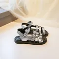 Girls' silver metallic Roman sandals with multi-strap buckles for summer beach outings - Size 23/Inner Length 14.8cm / Silver