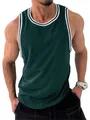Detail shot of a dark green slim-fit athletic tank top with contrast striped trim - S / Tops / Dark Green