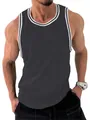 Close-up of slim-fit men's sports tank top with white contrast trim on muscle model - S / Tops / Gray
