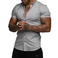 Macro detail of men's muscle fit short sleeve shirt showing the slim silhouette and collar - Light Gray