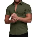 Close-up of olive green muscle fit men's button down shirt with classic lapel collar - Army Green