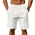 Close-up detail of men's loose striped beach shorts featuring white drawstring waist - S / Bottoms / White