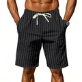 Detailed macro view of men's black pinstripe linen shorts with white drawstring - S / Bottoms / Black