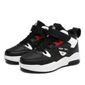 Baskets montantes noir et blanc pour enfants avec touches rouges et velcro - Blanc Noir