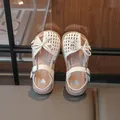 Elegant cream woven closed-toe sandals for girls featuring a cute bow and buckle strap - Off White / Size 23 Inner Length 14cm